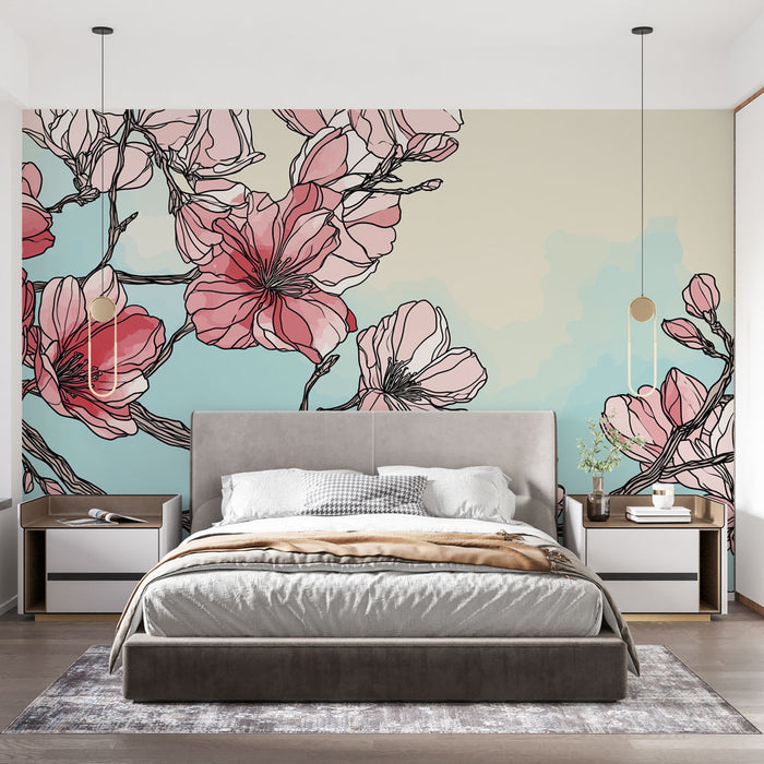 Une chambre moderne avec un papier peint floral aux grandes fleurs roses sur fond dégradé bleu, créant une atmosphère douce et apaisante.