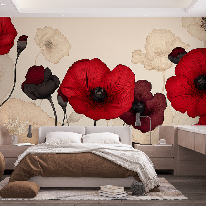 Papier peint fleurs de coquelicots | Rouge intense