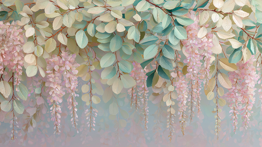 Papier peint fleurs de glycine Bouquets de fleurs roses et feuillage délicat