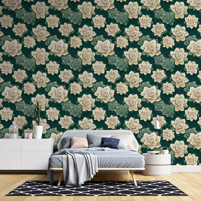 Une chambre moderne avec un papier peint floral vert émeraude orné de roses crème, créant une ambiance élégante et apaisante.