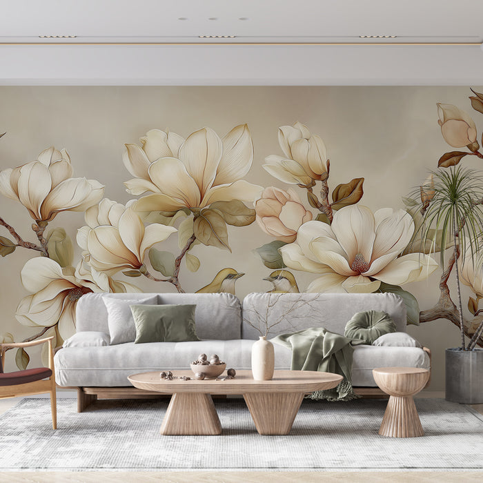 Un salon élégant avec un papier peint floral représentant de grandes fleurs de magnolia aux teintes douces sur un fond beige, créant une atmosphère apaisante et chaleureuse.