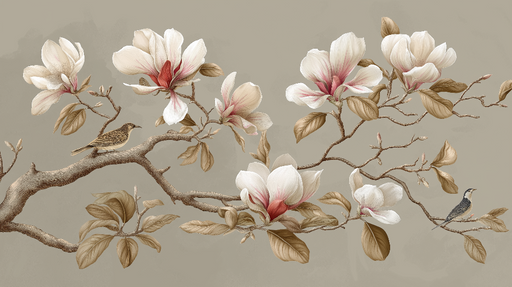 Papier peint fleurs de magnolia Élégantes fleurs de magnolia sur fond beige avec des oiseaux délicats