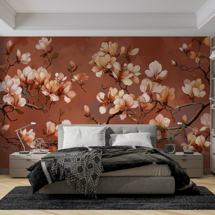 Une chambre élégante avec un papier peint floral aux grandes fleurs de magnolia sur fond rouge, créant une atmosphère chaleureuse et romantique.