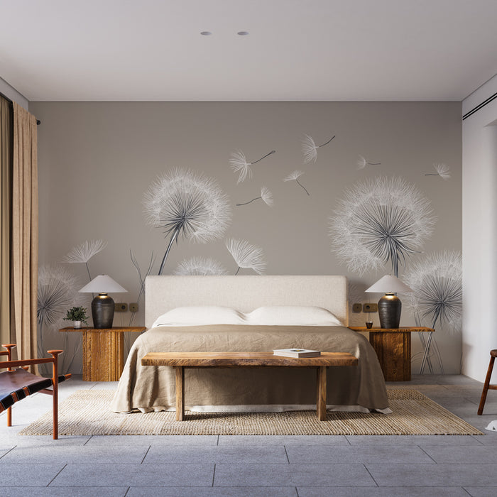 Une chambre élégante avec un papier peint représentant des pissenlits en blanc sur fond gris, créant une atmosphère apaisante et naturelle.