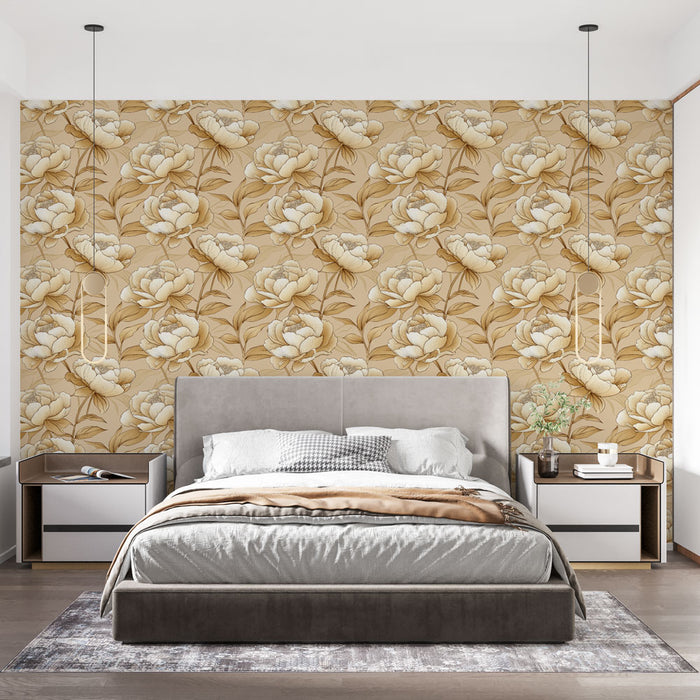 Une chambre moderne avec un papier peint floral beige et crème aux motifs de pivoines, créant une atmosphère douce et élégante.