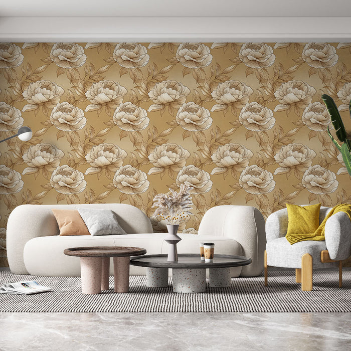 Un salon élégant avec un papier peint floral beige aux motifs de pivoines délicates, créant une atmosphère chaleureuse et accueillante.