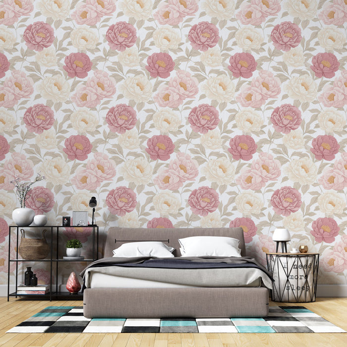 Une chambre accueillante avec un papier peint floral aux roses blanches et roses sur fond clair, créant une atmosphère douce et romantique.