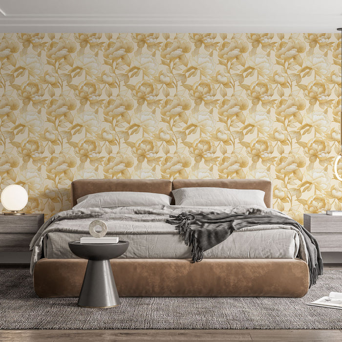 Une chambre élégante avec un papier peint floral jaune et crème aux motifs de fleurs délicates, créant une atmosphère chaleureuse et apaisante.