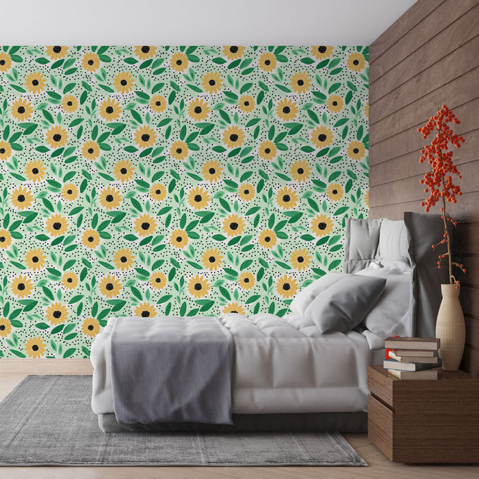 Une chambre moderne avec un papier peint floral aux motifs de grandes fleurs jaunes et vertes sur fond vert, créant une ambiance joyeuse et vivifiante.