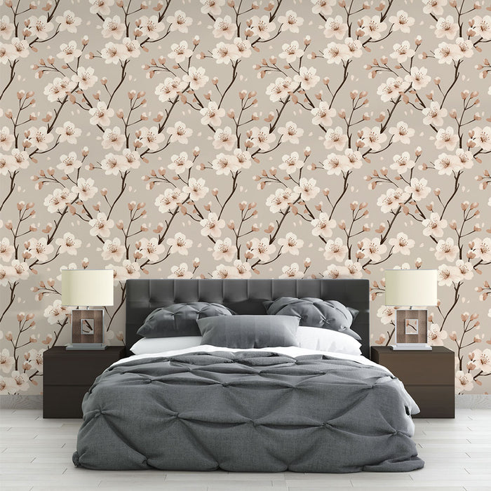 Une chambre moderne avec un papier peint floral beige et rose aux motifs délicats de fleurs sur fond neutre, créant une ambiance douce et apaisante.