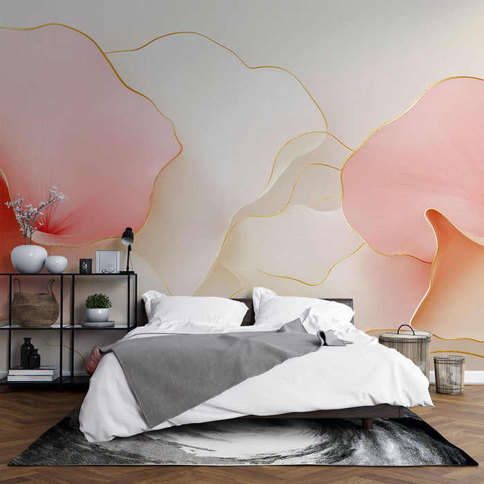 Une chambre élégante avec un papier peint abstrait aux motifs de fleurs délicates dans des teintes douces de rose et crème, rehaussé de lignes dorées.