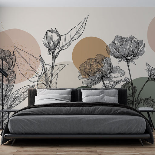Une chambre moderne avec un papier peint floral aux contours délicats, mêlant des fleurs en noir et des cercles aux teintes douces, créant une ambiance élégante et apaisante.