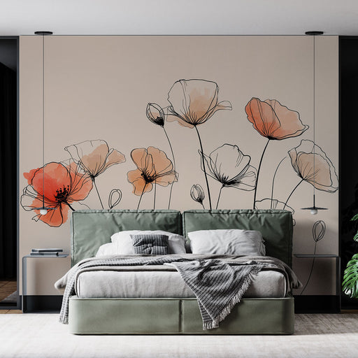 Une chambre moderne avec un papier peint floral aux traits délicats et aux teintes douces d'orange et de beige, créant une atmosphère apaisante et élégante.