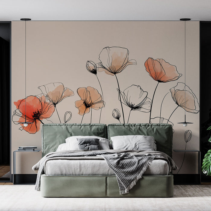 Une chambre moderne avec un papier peint floral aux traits délicats et aux teintes douces d'orange et de beige, créant une atmosphère apaisante et élégante.