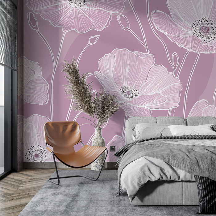 Une chambre moderne avec un papier peint floral rose aux contours délicats, créant une atmosphère douce et apaisante.