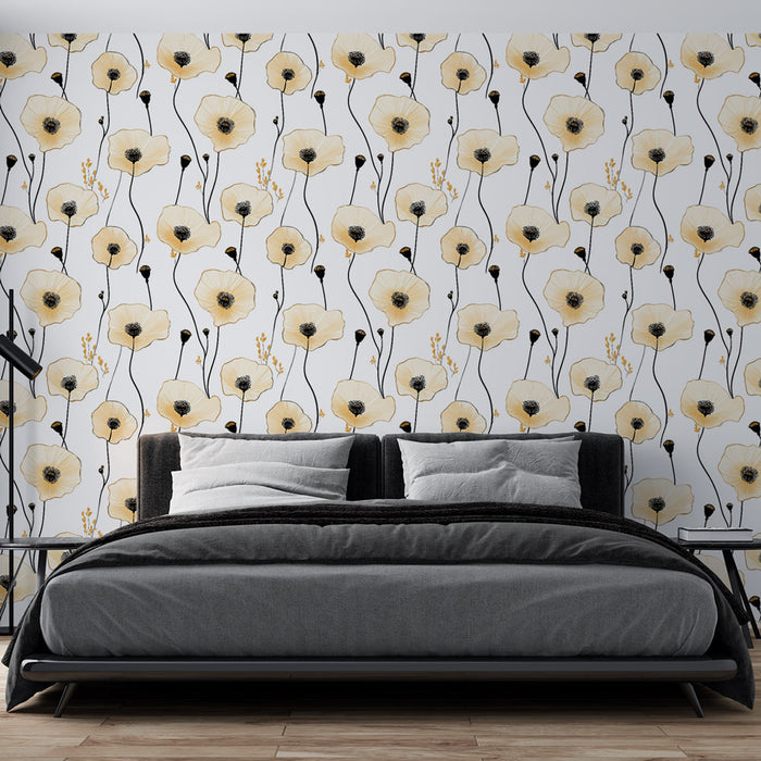 Une chambre moderne avec un papier peint floral aux motifs de coquelicots jaunes et noirs sur fond blanc, créant une ambiance fraîche et accueillante.