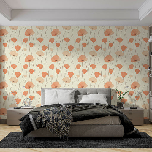 Une chambre moderne avec un papier peint floral aux teintes douces d'orange et beige, créant une atmosphère chaleureuse et accueillante.