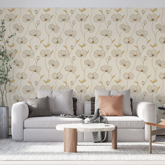 Un salon contemporain avec un papier peint floral beige et doré, aux motifs délicats évoquant une atmosphère apaisante et élégante.
