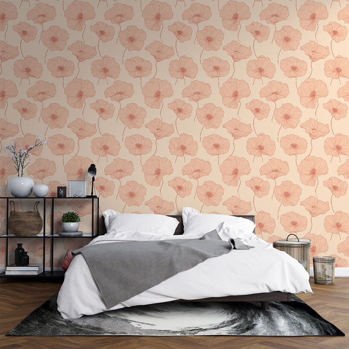 Une chambre accueillante avec un papier peint floral aux délicates fleurs roses sur fond beige, créant une ambiance douce et apaisante.
