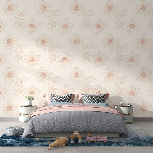 Une chambre apaisante avec un papier peint floral aux motifs délicats de fleurs roses sur fond crème, créant une atmosphère douce et chaleureuse.