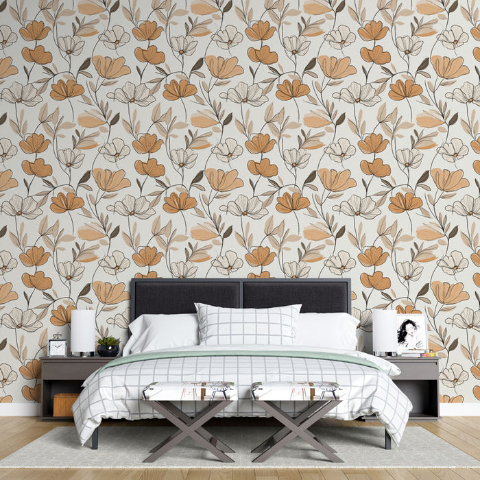 Une chambre moderne avec un papier peint floral aux teintes douces de beige et orange, créant une atmosphère chaleureuse et accueillante.