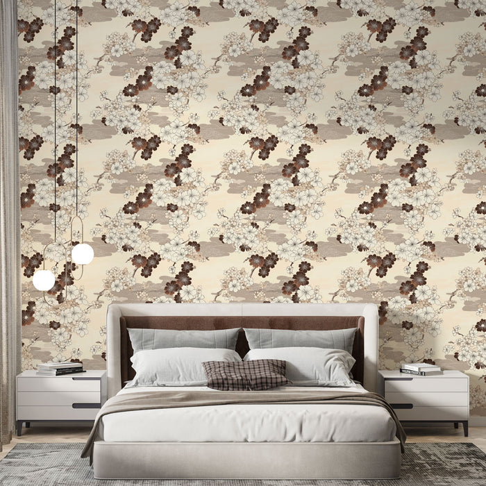Une chambre élégante avec un papier peint floral aux teintes beige et marron, créant une atmosphère douce et apaisante.