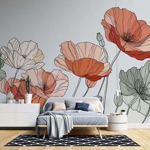 Une chambre moderne avec un papier peint floral aux grandes fleurs aux teintes douces et chaudes, créant une atmosphère apaisante et élégante.