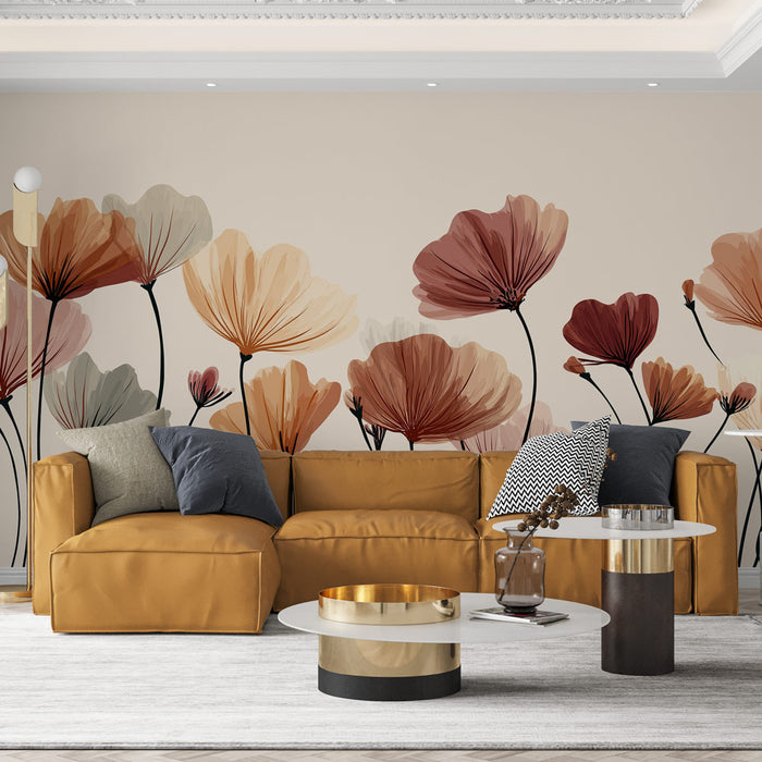 Un salon contemporain avec un papier peint floral aux teintes chaudes de rouge et beige, créant une ambiance accueillante et élégante.