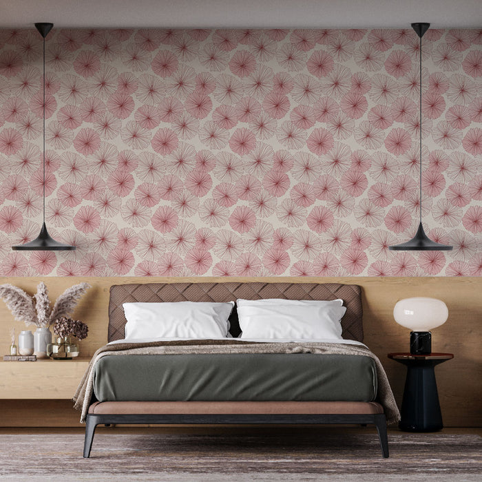 Une chambre moderne avec un papier peint floral aux motifs délicats en rose sur fond beige, créant une ambiance douce et apaisante.