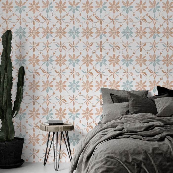 Une chambre moderne avec un papier peint floral aux motifs délicats dans des teintes de rose et bleu, créant une atmosphère douce et apaisante.