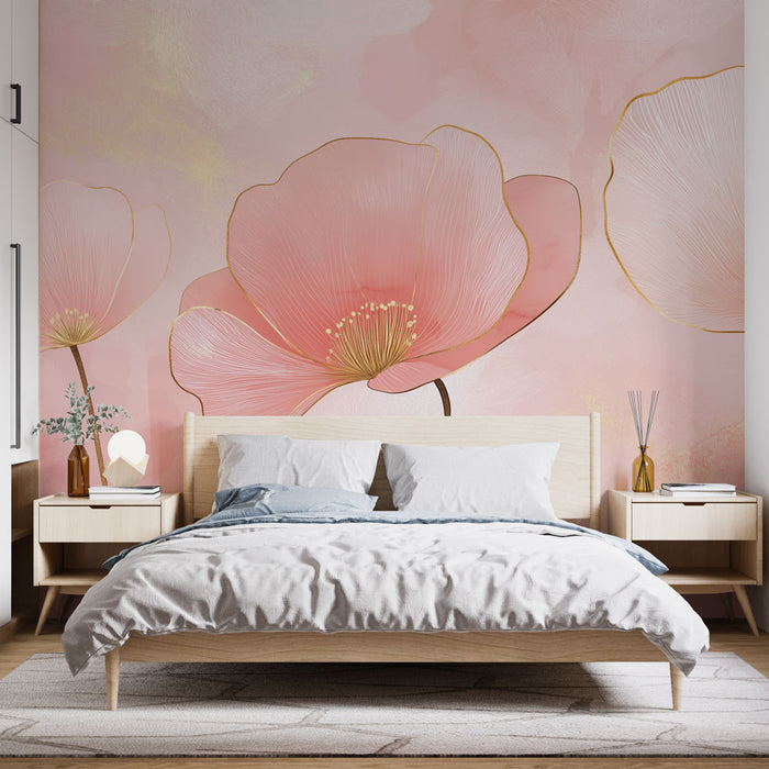 Une chambre apaisante avec un papier peint floral aux grandes fleurs roses sur fond pastel, créant une atmosphère douce et romantique.