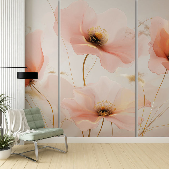 Une pièce lumineuse avec un papier peint floral aux grandes fleurs roses délicates, créant une atmosphère douce et apaisante.