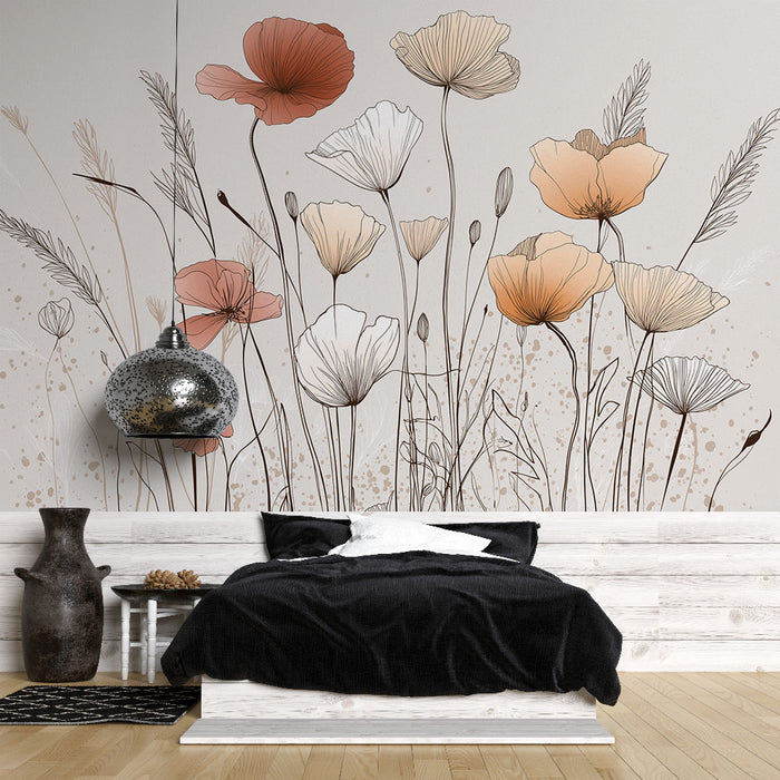 Une chambre moderne avec un papier peint floral aux teintes douces de rose et beige, créant une atmosphère apaisante et élégante.
