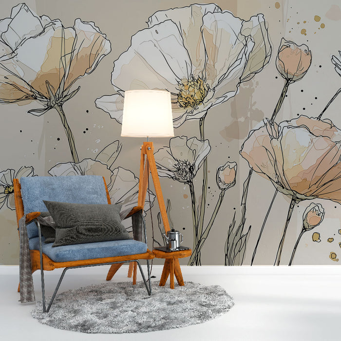 Une chambre élégante avec un papier peint floral aux teintes douces et pastel, représentant de grandes fleurs stylisées sur un fond beige apaisant.