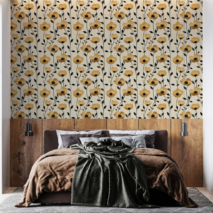 Une chambre moderne avec un papier peint floral aux motifs de fleurs jaunes et noires sur fond crème, créant une atmosphère chaleureuse et accueillante.