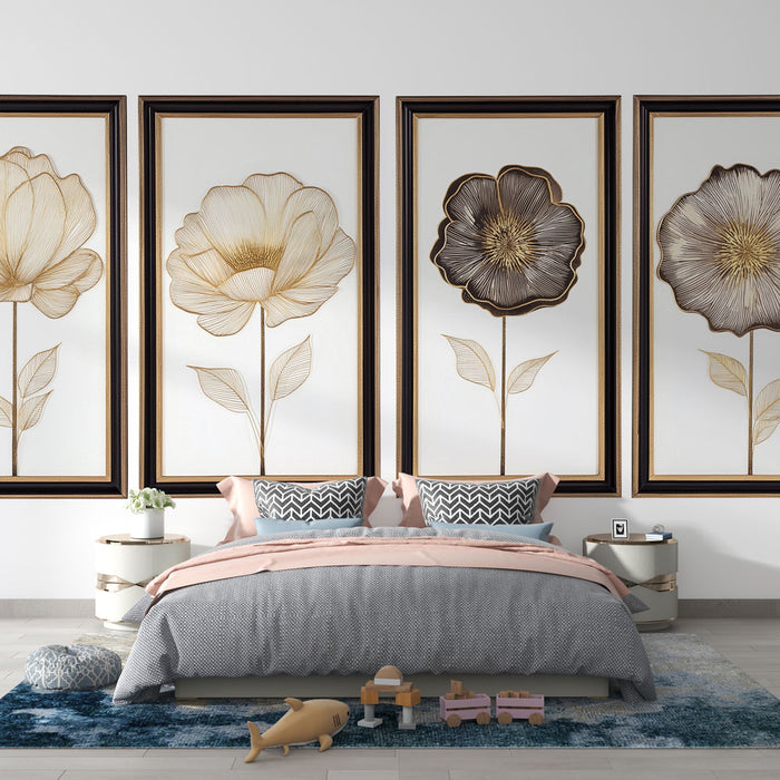 Une chambre moderne avec un papier peint floral doré sur fond blanc, mettant en valeur de grandes fleurs élégantes dans des cadres raffinés.