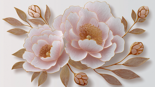 Papier peint fleurs dorées Élégantes pivoines roses avec des détails dorés