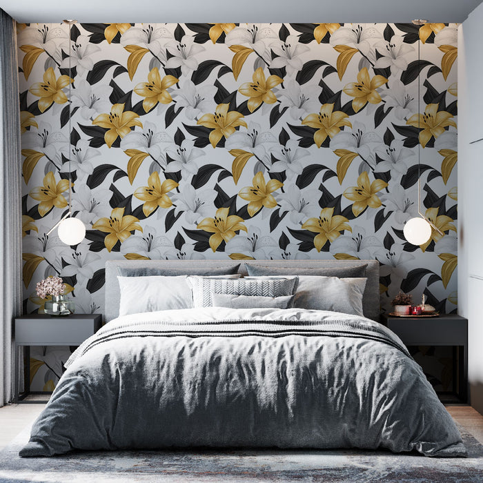 Une chambre moderne avec un papier peint floral aux motifs de lys jaunes et blancs sur fond noir, créant une ambiance élégante et dynamique.