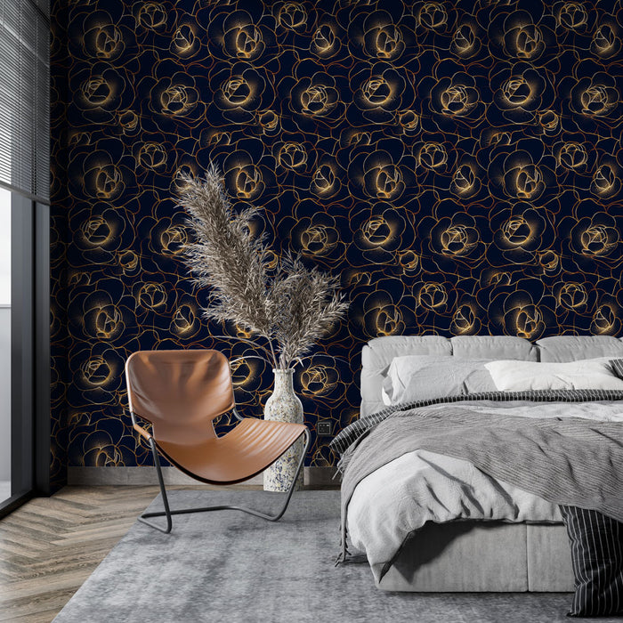 Une chambre moderne avec un papier peint floral bleu nuit et doré, présentant de délicates fleurs stylisées qui créent une atmosphère élégante et apaisante.