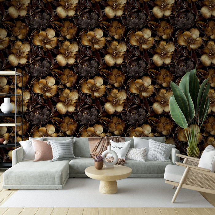 Un salon élégant avec un papier peint floral aux teintes chaudes de beige et de marron sur fond noir, créant une atmosphère sophistiquée et accueillante.