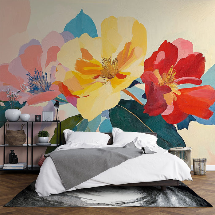 Une chambre accueillante avec un papier peint floral vibrant aux grandes fleurs jaunes, rouges et roses, créant une atmosphère joyeuse et chaleureuse.