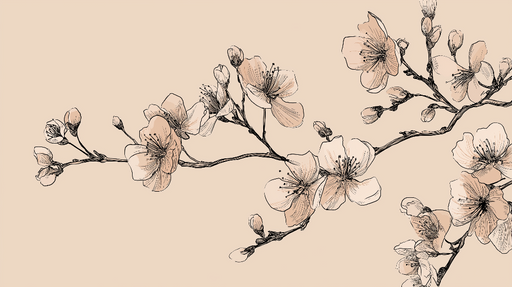 Papier peint fleurs élégantes Branches de cerisier délicates avec des fleurs douces sur fond beige