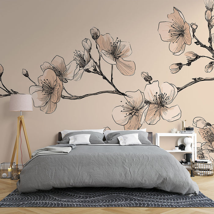 Une chambre moderne avec un papier peint floral aux grandes fleurs délicates en nuances de rose sur un fond beige, créant une atmosphère douce et apaisante.