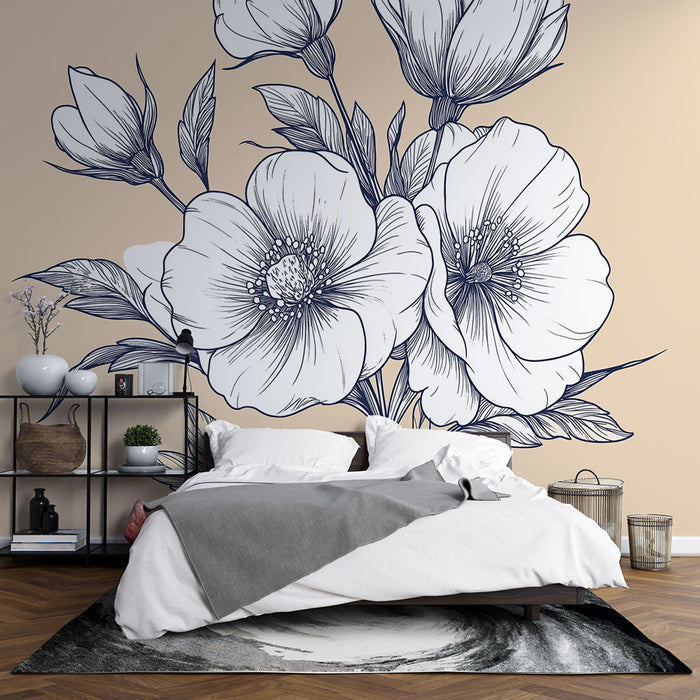 Papier peint fleurs élégantes | Design floral en noir et blanc