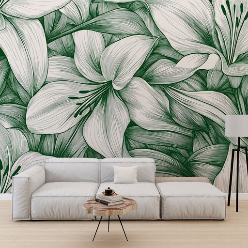 Une pièce moderne avec un papier peint floral vert et blanc représentant de grandes fleurs stylisées, créant une atmosphère fraîche et apaisante.