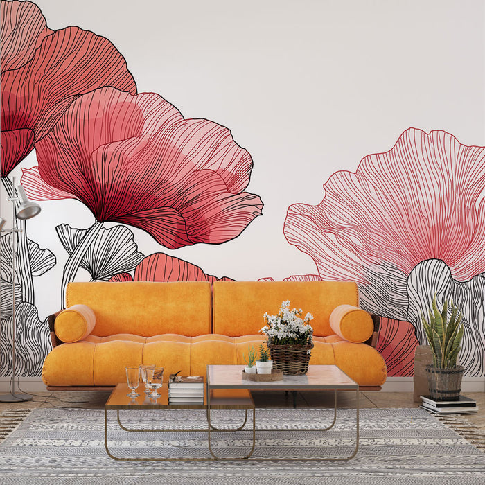 Un salon contemporain avec un papier peint floral aux grandes fleurs rouges et noires, créant une ambiance vibrante et artistique.
