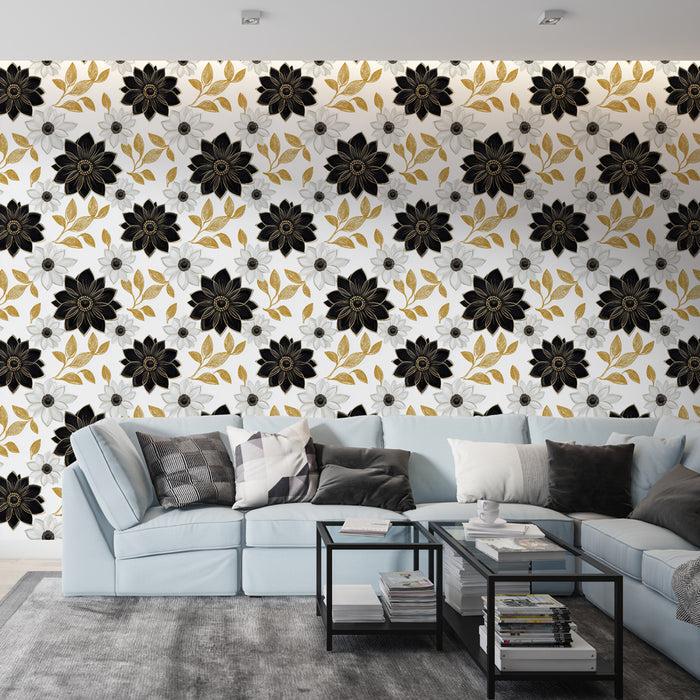 Un salon moderne avec un papier peint floral noir et or sur fond blanc, créant une ambiance élégante et dynamique.