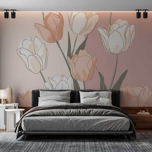 Une chambre moderne avec un papier peint floral aux teintes douces de rose et beige, évoquant une atmosphère apaisante et délicate.