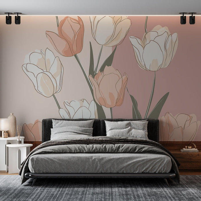 Une chambre moderne avec un papier peint floral aux teintes douces de rose et beige, évoquant une atmosphère apaisante et délicate.