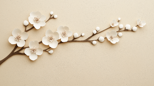 Papier peint fleurs en papier Branche délicate de fleurs blanches sur fond beige